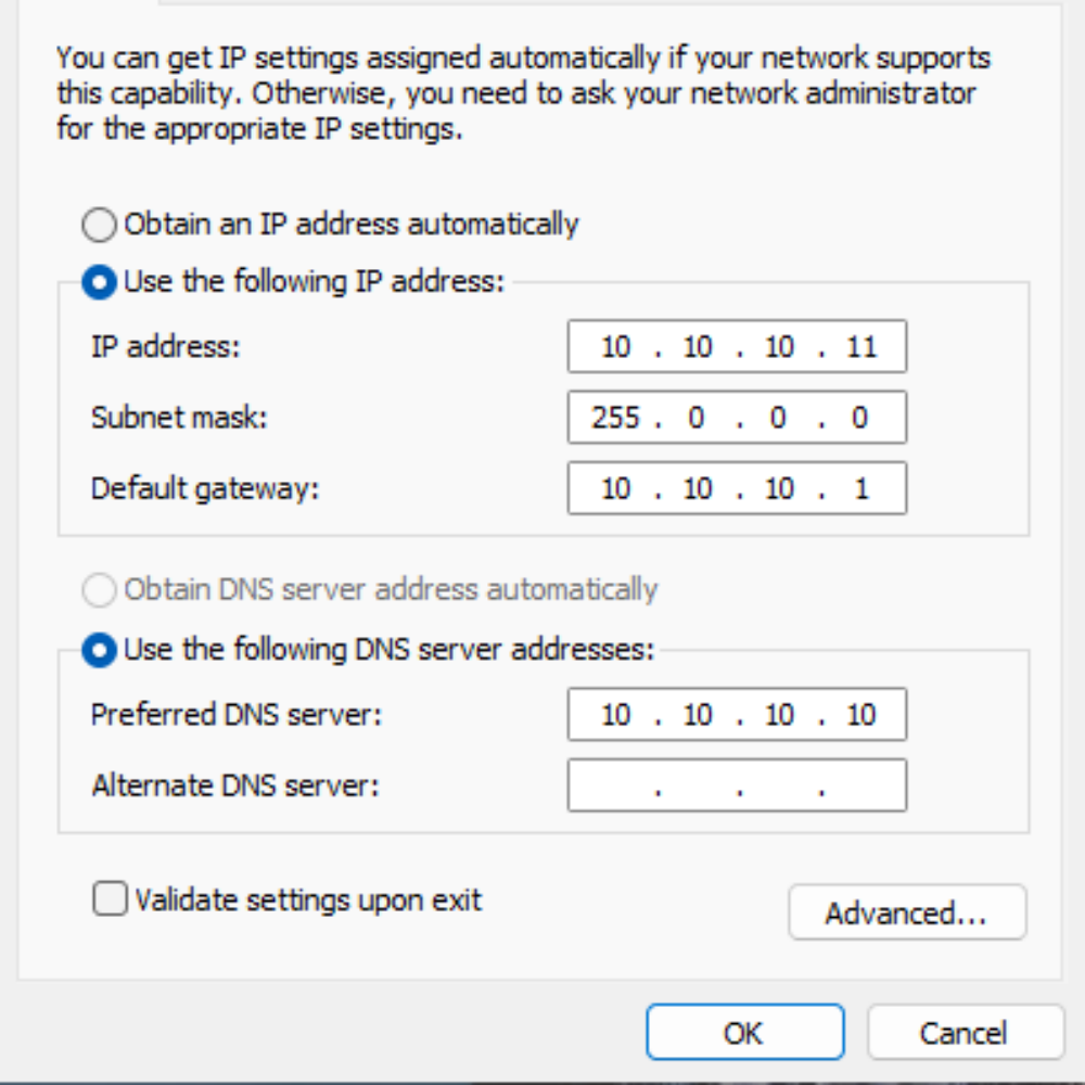 Network adapter settings for windows client