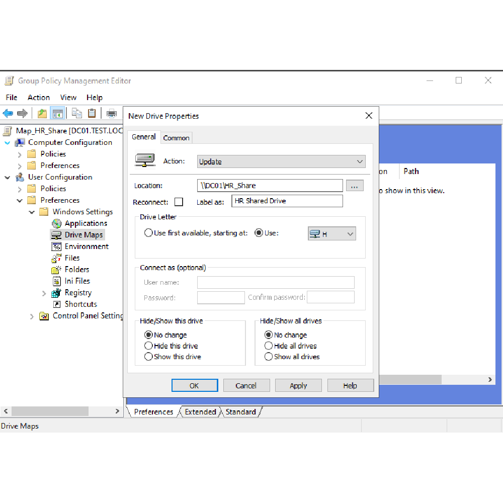 GPMC editor open to User Configuration → Preferences → Windows Settings → Drive Maps for HR OU