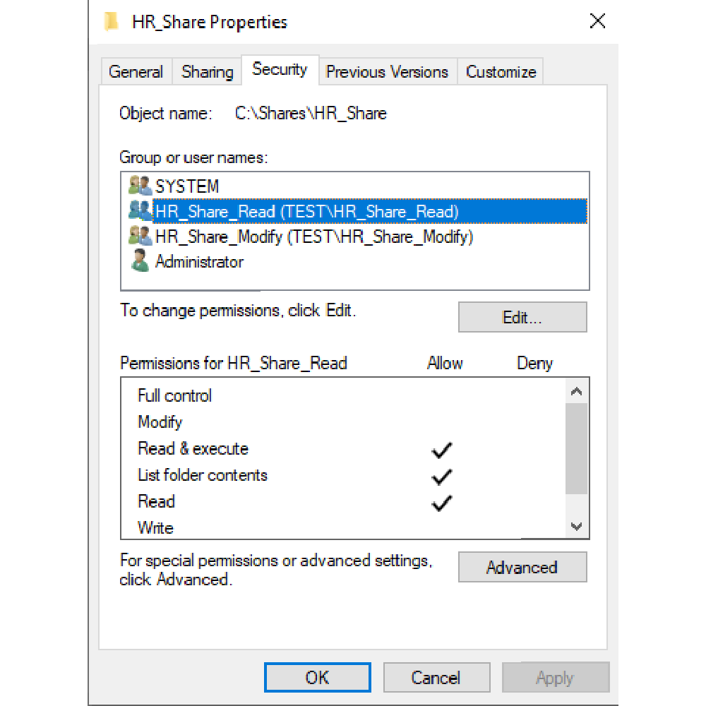 Security tab showing explicit permissions for HR_Share_Read group