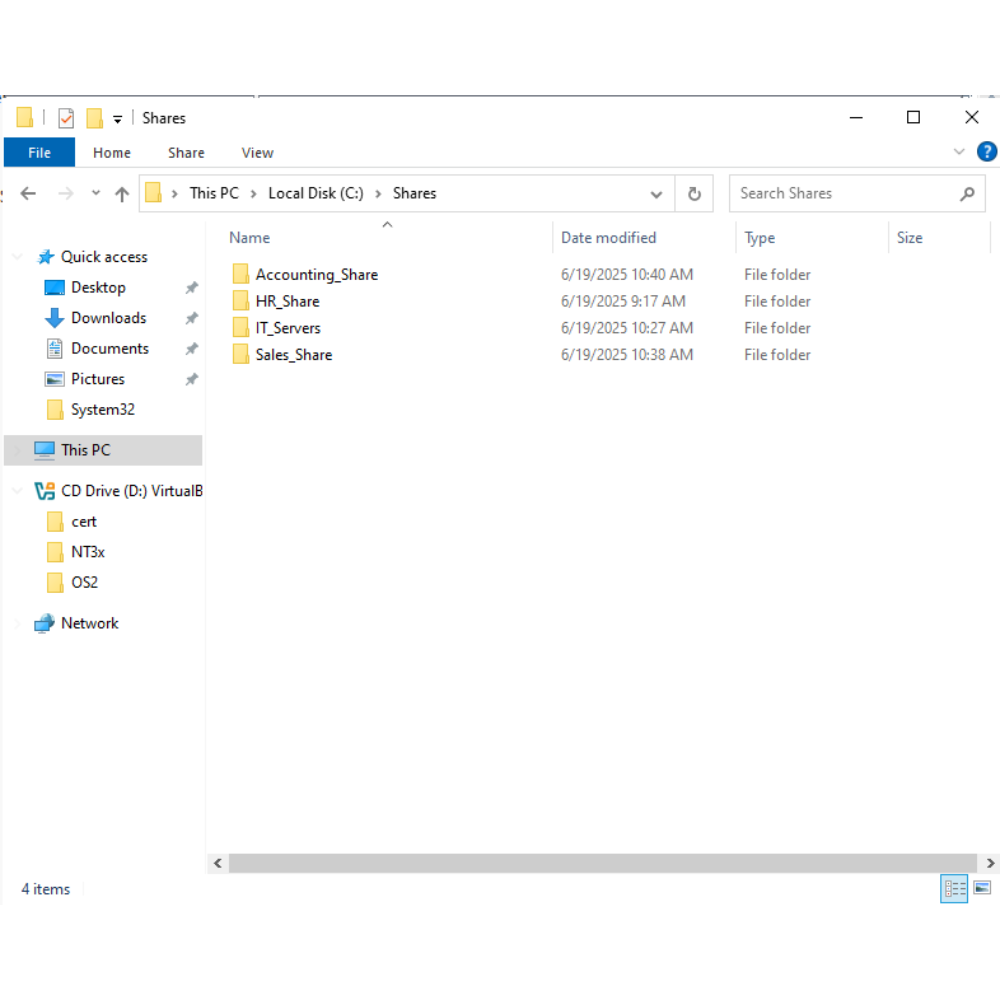 Windows File Explorer displaying folders like HR_Share, Sales_Share, Accounting_Share under C:\Shares