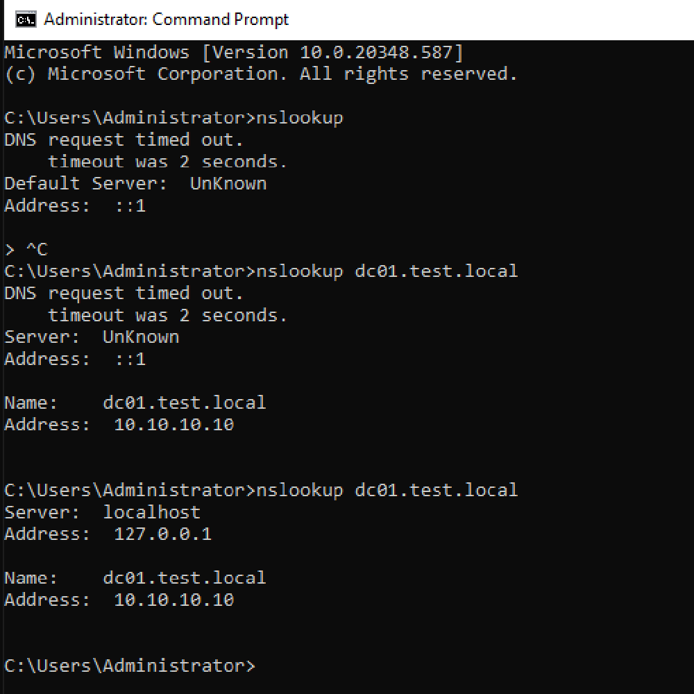 CLI nslookup result for dc01.test.local resolving to 10.10.10.10
